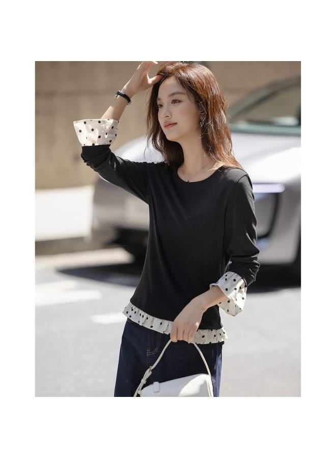 dme Demana Autumn Intellectual Commuter Crew Neck Colorblock Patchwork Printed Slimming Women's T-shirt - Image 3