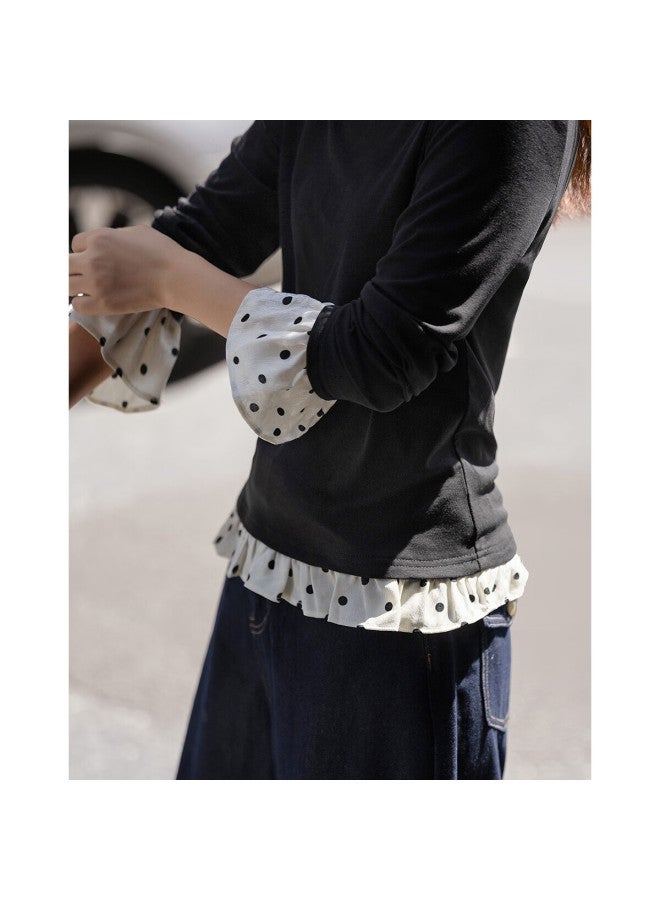 dme Demana Autumn Intellectual Commuter Crew Neck Colorblock Patchwork Printed Slimming Women's T-shirt - Image 5