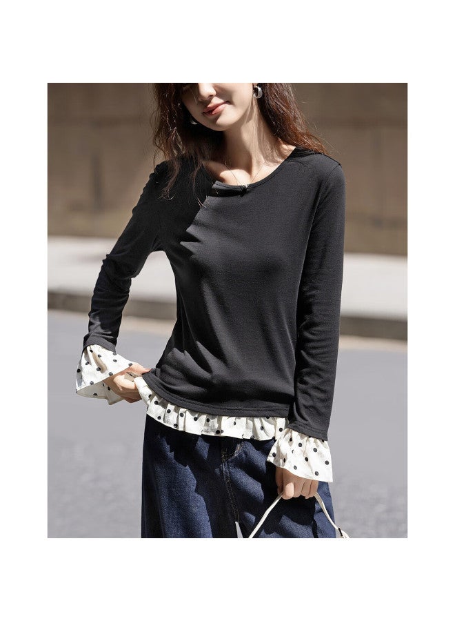 dme Demana Autumn Intellectual Commuter Crew Neck Colorblock Patchwork Printed Slimming Women's T-shirt - Image 4