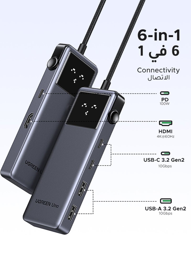 يو جرين موزع USB-C 3.2 من أونو 6 في 1، يدعم نقل البيانات بسرعة 10 جيجابت في الثانية، مزود بتقنية الشحن السريع بقدرة 100 واط، يدعم دقة 4K بمعدل 60 هرتز، موزع HDMI من النوع C، شاشة LED رقمية بتصميم مميز، متوافق مع أنظمة ويندوز/ماك بوك برو/إير، سيرفس، ميت بوك، إكس بي إس، ثينك باد، إتش بي - Image 5