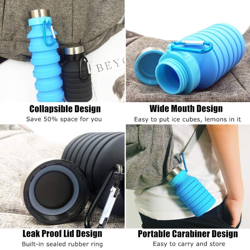 TASKHOUSE Collapsible Water Bottle Silicone Foldable Water Cup Portable Outdoor Travel Folding Sport Cup with Lids 550 ml Water Bottles for Kids Adult Blue - Image 3