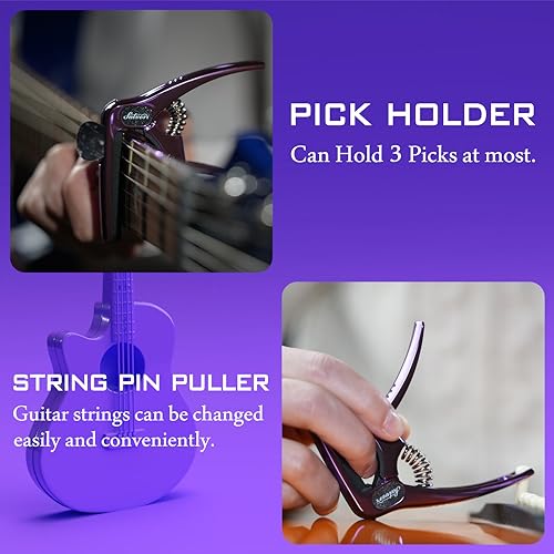 Salvori Salvori Exclusive Gradient ‘Royal Silk’ Purple Heavy-Duty Guitar Capo for Acoustic/Electric Guitar with 4 Picks, Guitar Clip/Guitar Clamp - Image 4