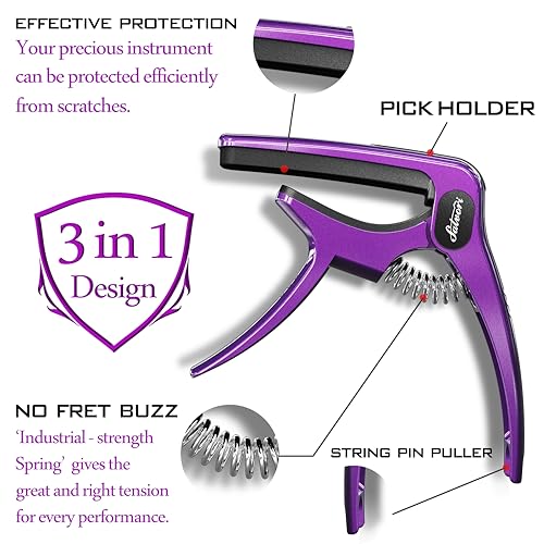 Salvori Salvori Exclusive Gradient ‘Royal Silk’ Purple Heavy-Duty Guitar Capo for Acoustic/Electric Guitar with 4 Picks, Guitar Clip/Guitar Clamp - Image 5