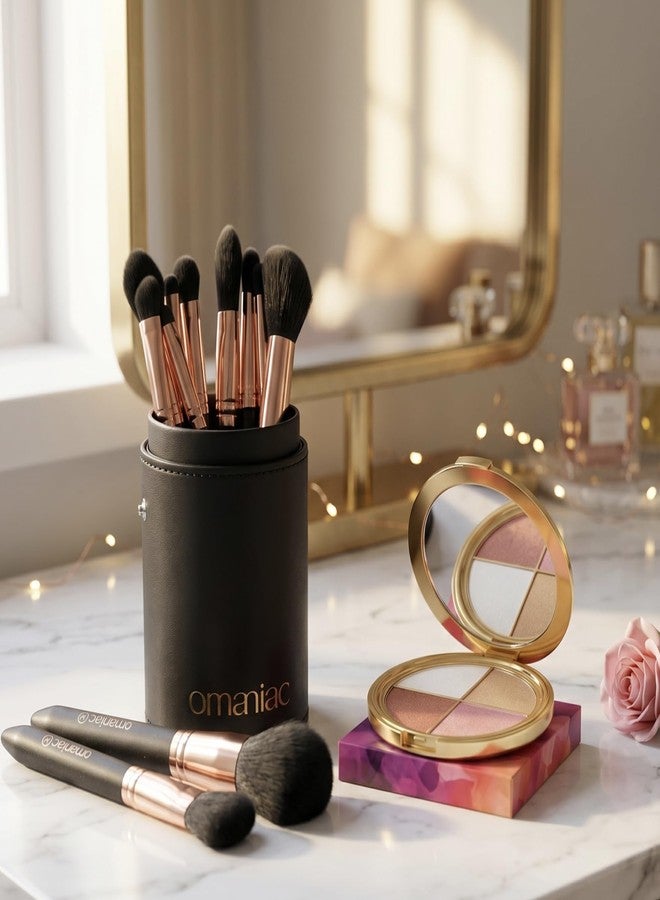 OMANIAC Makeup Brush Set with 4-Color Highlighter Eyeshadow Palette, 12 Professional Pearlescent Wood Handle Brushes, Premium Cruelty-Free Synthetic Fiber & Travel Case (Black) - Image 5