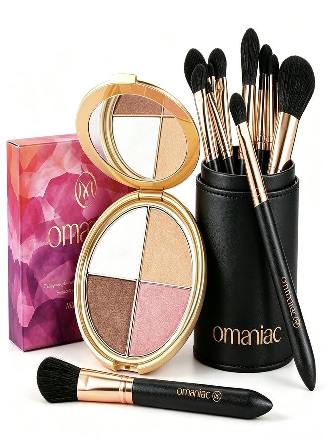 OMANIAC Makeup Brush Set with 4-Color Highlighter Eyeshadow Palette, 12 Professional Pearlescent Wood Handle Brushes, Premium Cruelty-Free Synthetic Fiber & Travel Case (Black) - Image 1