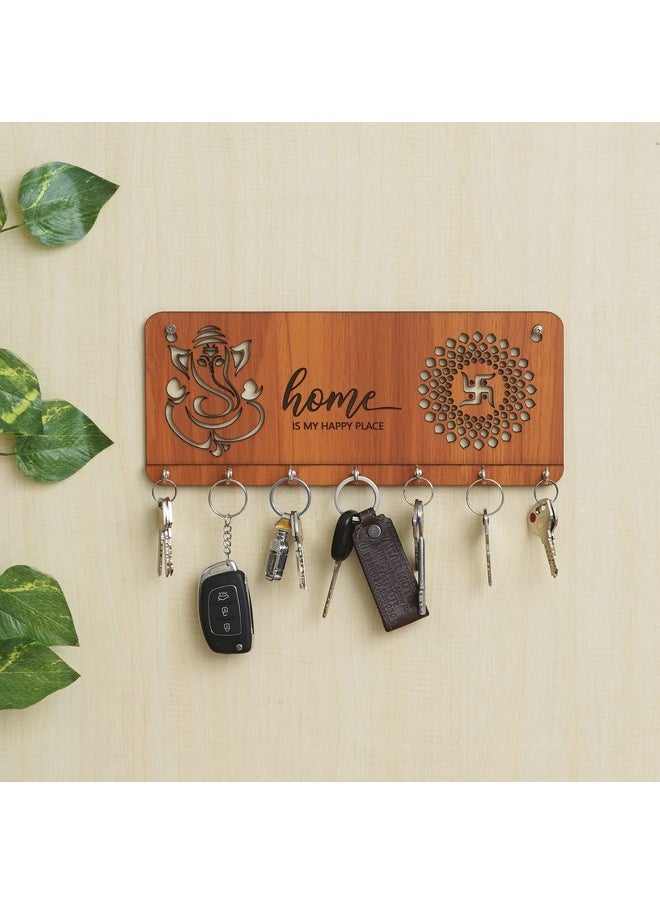 Webelkart Webelkart Premium Home Is our Happy Place Wooden Key Holder for Home and Office Decor - 12 Inches (7 Hooks, Wood Color)  - Image 1