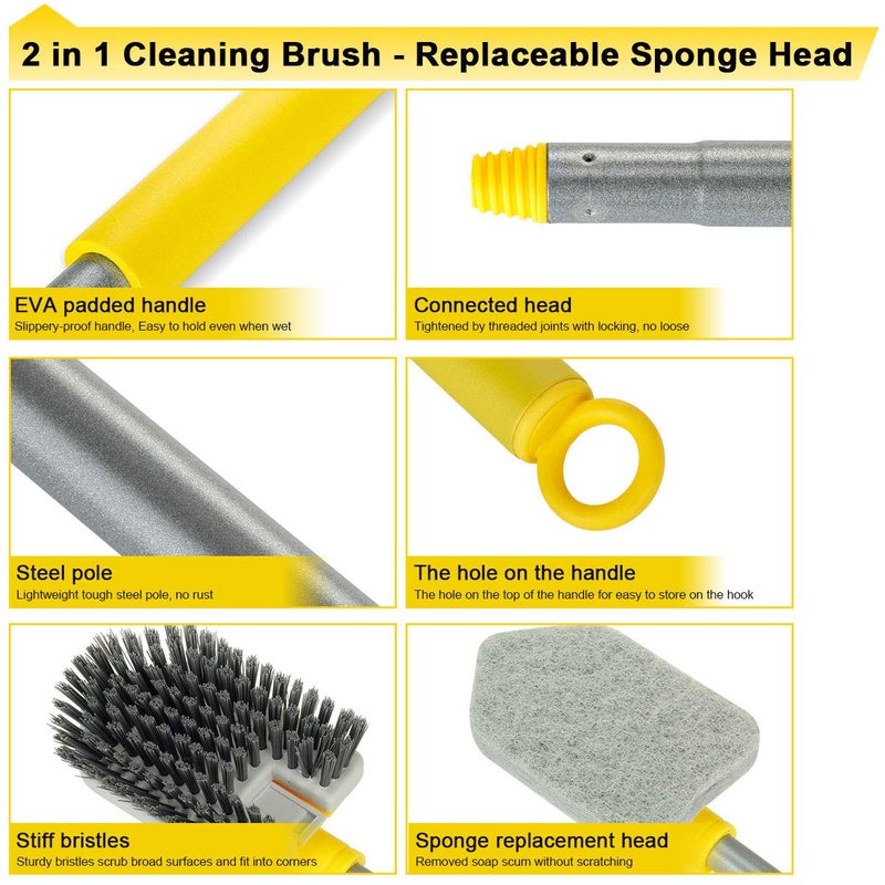 Lalafancy Shower Cleaning Brush with Locking Head, 3 in 1 Tub Tile Scrubber Brush with 50'' Extendable Long Handle Stiff Bristles Scouring Pads Microfiber for Cleaning Bathtub Shower Wall Bathroom - Image 2