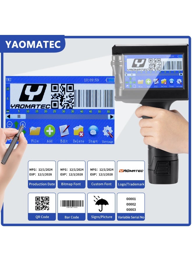 YAOMATEC Handheld Inkjet Printer Gun with Quick-Drying Ink Cartridge, 0.5in/12.7mm Portable Printer with Suitcase for Text/Barcode/Logo/QR/Counter/Number/Date, Print On Metal Carton Box Wood Cloth Plastic Cable (28 Languages) - Image 2