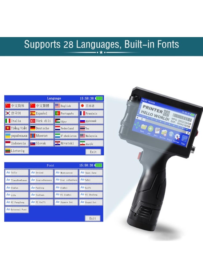 YAOMATEC Handheld Inkjet Printer Gun with Quick-Drying Ink Cartridge, 0.5in/12.7mm Portable Printer with Suitcase for Text/Barcode/Logo/QR/Counter/Number/Date, Print On Metal Carton Box Wood Cloth Plastic Cable (28 Languages) - Image 4