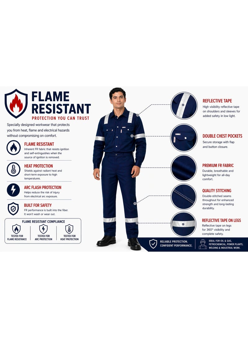 إنكور العربية بدلة عمل مقاومة للهب – قطن 100%، تصنيف CAT 2 / 8 cal للحماية من القوس الكهربائي، شريط عاكس عالي الرؤية، طقم قميص وبنطلون صناعي (أزرق كحلي) - Image 2