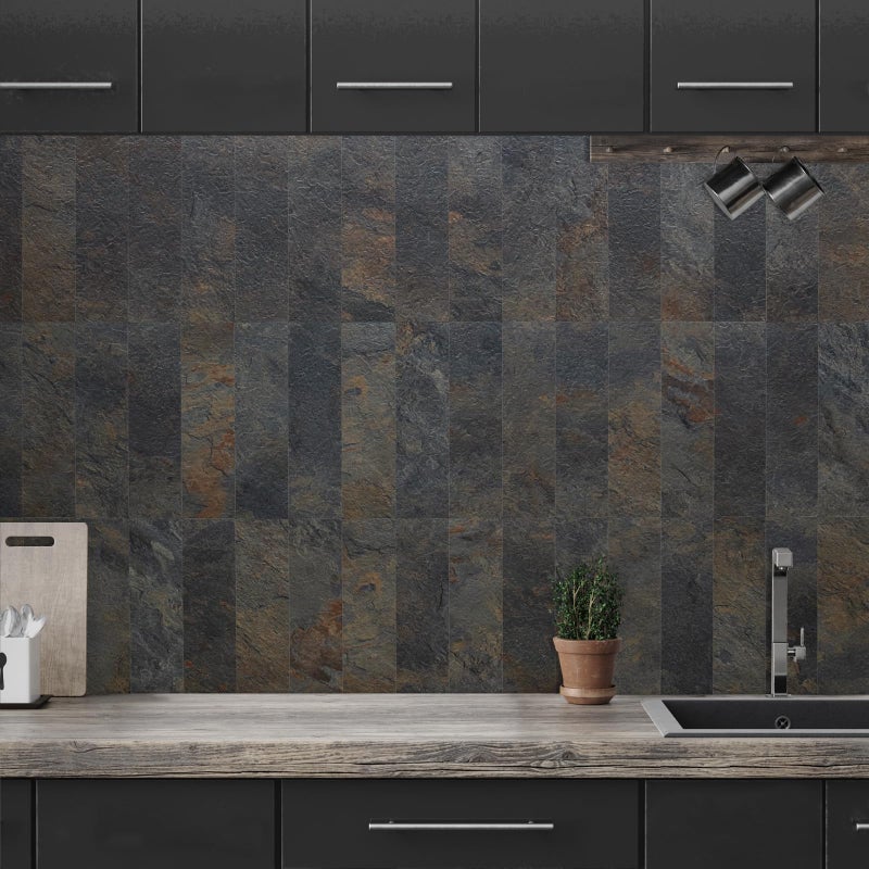 AULIGET 40-Piece Rust Slate Peel and Stick Backsplash Wall Tiles, 3" x 12" PVC Faux Stone Stick on Tiles for Backsplash Kitchen, Bathroom, Laundry Room, Camper, Fireplace - Image 5