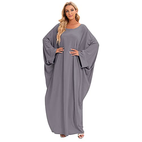 IKADEX Muslim Dress for Women Pakistani Kaftan Abaya Robe + Hijab Arabic Islamic Prayer Clothes Dubai Outfits Grey Robe - Image 2