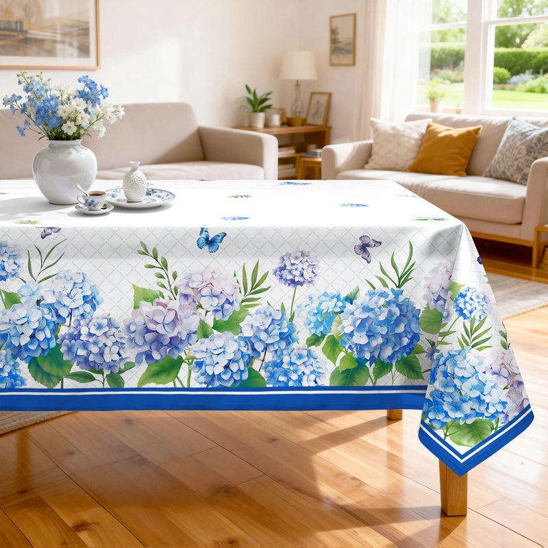 Arquiel Hydrangea Floral Tablecloth Waterproof, Blue Flower Butterfly Table Cloth Rectangle Stain Resistant, Washable Table Cover for Home Kitchen Dining Party Decoration (60Ã—84 Inch) - Image 1