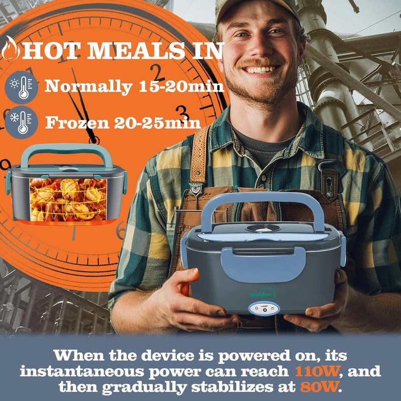 Buddew Electric Heated Lunch Box for Adults - 80W Fast Heating, 1.5L Food-Grade Stainless Steel, 12V/24V/110V Portable Food Warmer for Work Travel Car, Lonchera Electrica Portatil (Blue) - Image 2