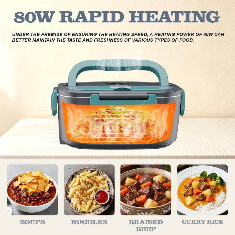 Buddew Electric Heated Lunch Box for Adults - 80W Fast Heating, 1.5L Food-Grade Stainless Steel, 12V/24V/110V Portable Food Warmer for Work Travel Car, Lonchera Electrica Portatil (Blue) - Image 5