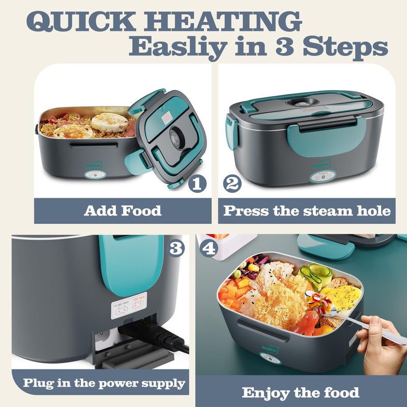 Buddew Electric Heated Lunch Box for Adults - 80W Fast Heating, 1.5L Food-Grade Stainless Steel, 12V/24V/110V Portable Food Warmer for Work Travel Car, Lonchera Electrica Portatil (Blue) - Image 4