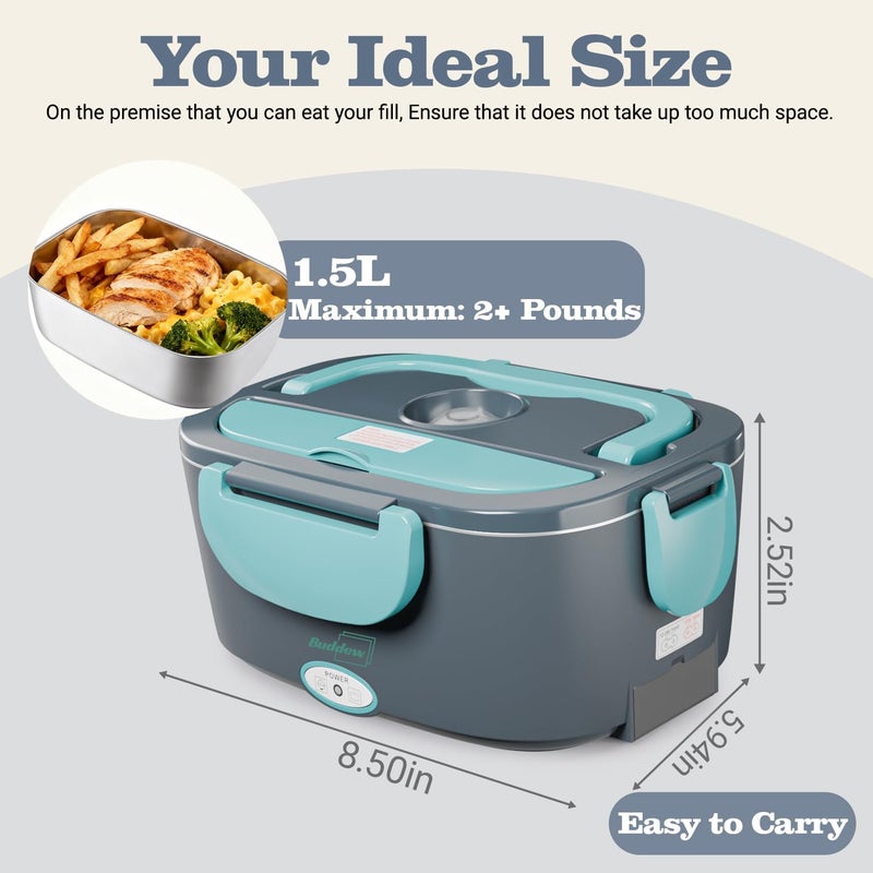 Buddew Electric Heated Lunch Box for Adults - 80W Fast Heating, 1.5L Food-Grade Stainless Steel, 12V/24V/110V Portable Food Warmer for Work Travel Car, Lonchera Electrica Portatil (Blue) - Image 3