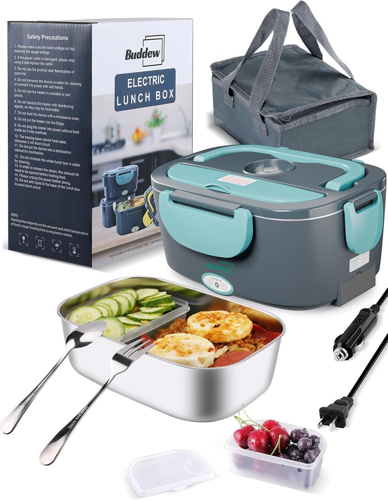 Buddew Electric Heated Lunch Box for Adults - 80W Fast Heating, 1.5L Food-Grade Stainless Steel, 12V/24V/110V Portable Food Warmer for Work Travel Car, Lonchera Electrica Portatil (Blue) - Image 1