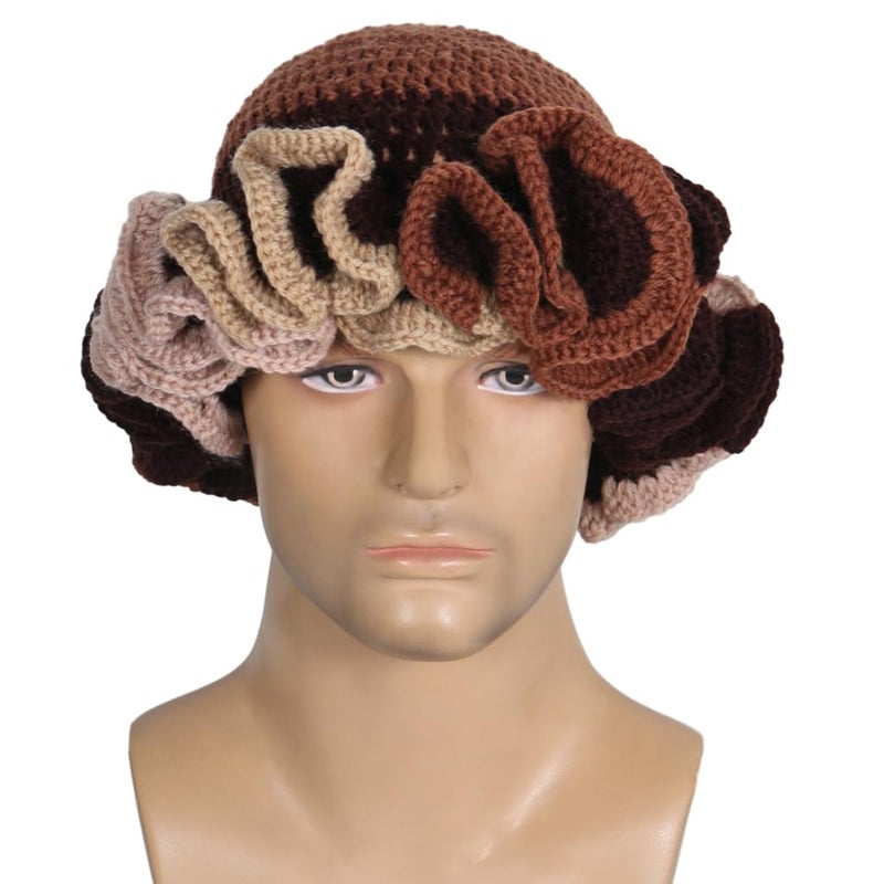 URTERYSER Adult Crochet Bucket Hat, Handmade Ruffled Brim Windproof Hat, 22.00 * 22.00 * 3.00CM, Brown Color Matching - Image 2