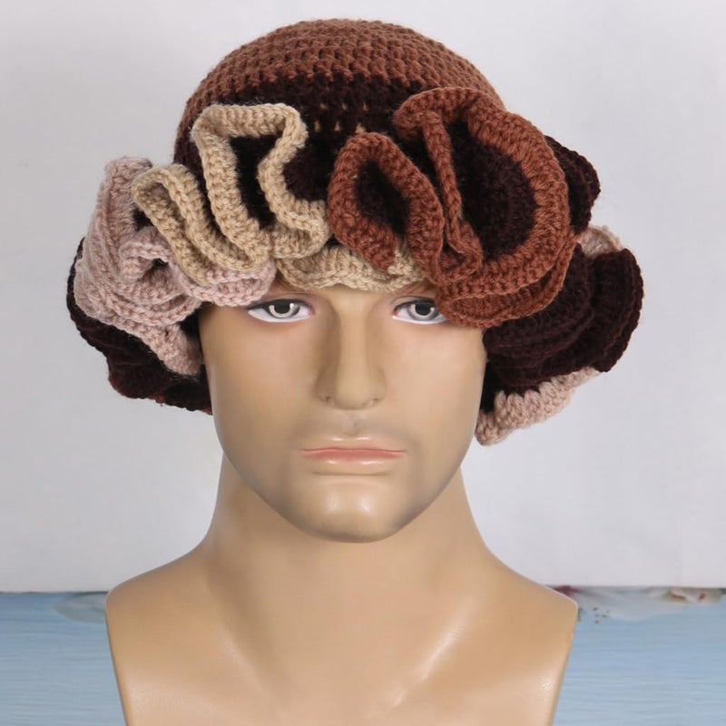 URTERYSER Adult Crochet Bucket Hat, Handmade Ruffled Brim Windproof Hat, 22.00 * 22.00 * 3.00CM, Brown Color Matching - Image 3