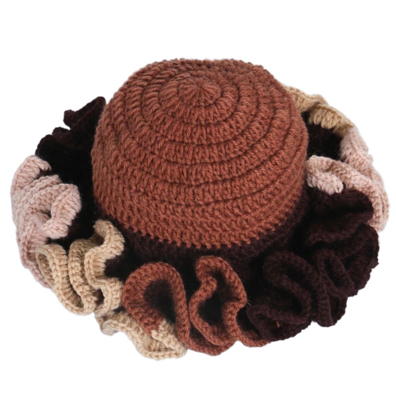 URTERYSER Adult Crochet Bucket Hat, Handmade Ruffled Brim Windproof Hat, 22.00 * 22.00 * 3.00CM, Brown Color Matching - Image 1