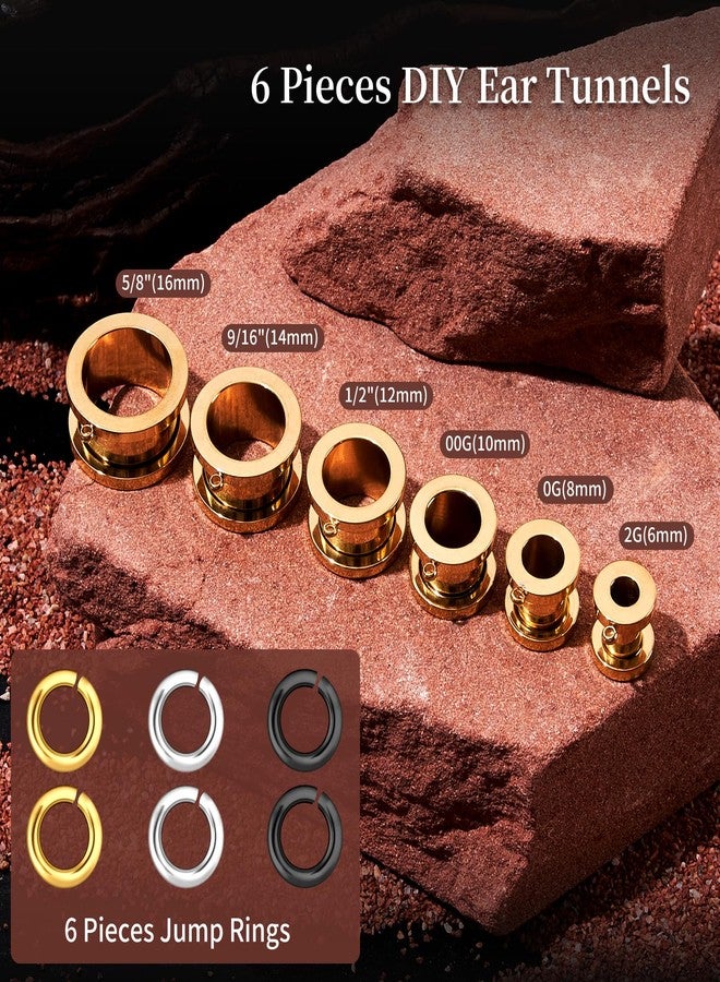 Oyaface 6pcs 9/16'' 14MM Ear Gauges Tunnels Plugs Gold DIY Ears Piercing Jewelry Ear Expander Stainless Steel Double Flared Ear Dangle Gauges Accessories for Women Men - Image 2