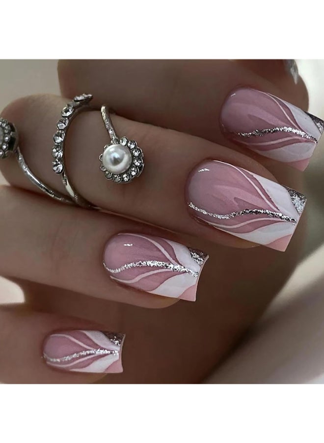 Vezocim Pink Artificial Fake Square Nails 24Pcs Press on Nails Medium Coffin with French Line Designs Glossy Full Cover Acrylic False Nail Glue Fake Fingernails with Charm for Women - Image 2