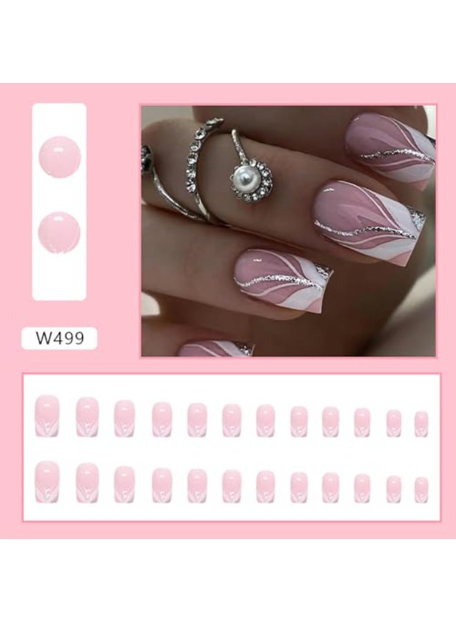 Vezocim Pink Artificial Fake Square Nails 24Pcs Press on Nails Medium Coffin with French Line Designs Glossy Full Cover Acrylic False Nail Glue Fake Fingernails with Charm for Women - Image 3