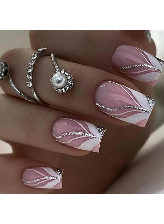 Vezocim Pink Artificial Fake Square Nails 24Pcs Press on Nails Medium Coffin with French Line Designs Glossy Full Cover Acrylic False Nail Glue Fake Fingernails with Charm for Women - Image 1