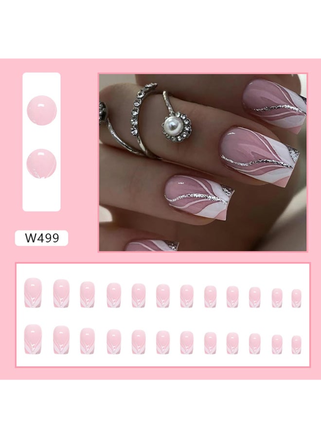 Vezocim Pink Artificial Fake Square Nails 24Pcs Press on Nails Medium Coffin with French Line Designs Glossy Full Cover Acrylic False Nail Glue Fake Fingernails with Charm for Women - Image 4
