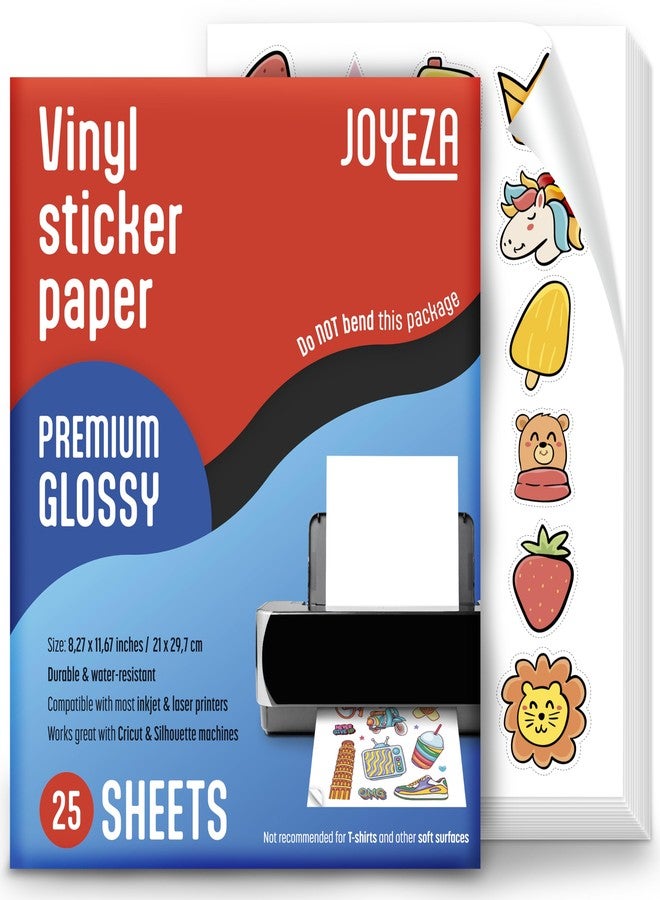 JOYEZA Premium Printable Vinyl Sticker Paper for Inkjet Printer - 25 Sheets Glossy White Waterproof, Dries Quickly Vivid Colors, Holds Ink Well - Inkjet & Laser Printer - Image 1