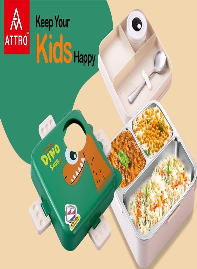 ATTRO Carnival Super Dino Lunch Box 2 Layer Stainless Steel Lunch Box Comes with 1 Detachable Tray, 1 Small Container & 1 Spoon Ideal for Kids BPA Free 1120ml+70ml- Green - Image 4