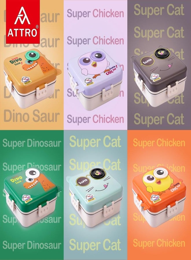 ATTRO Carnival Super Dino Lunch Box 2 Layer Stainless Steel Lunch Box Comes with 1 Detachable Tray, 1 Small Container & 1 Spoon Ideal for Kids BPA Free 1120ml+70ml- Green - Image 3