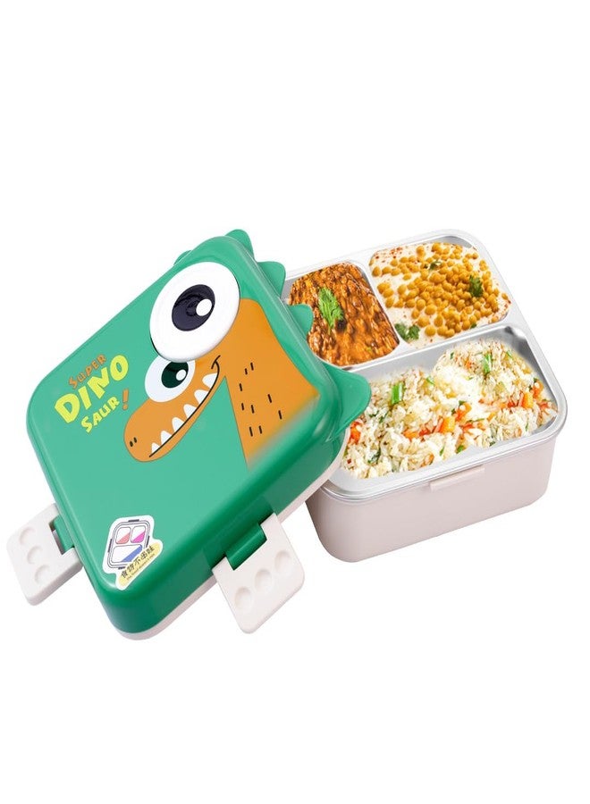 ATTRO Carnival Super Dino Lunch Box 2 Layer Stainless Steel Lunch Box Comes with 1 Detachable Tray, 1 Small Container & 1 Spoon Ideal for Kids BPA Free 1120ml+70ml- Green - Image 1