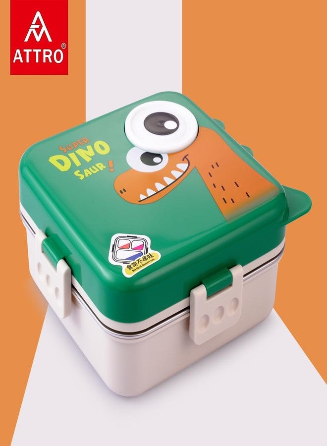 ATTRO Carnival Super Dino Lunch Box 2 Layer Stainless Steel Lunch Box Comes with 1 Detachable Tray, 1 Small Container & 1 Spoon Ideal for Kids BPA Free 1120ml+70ml- Green - Image 2