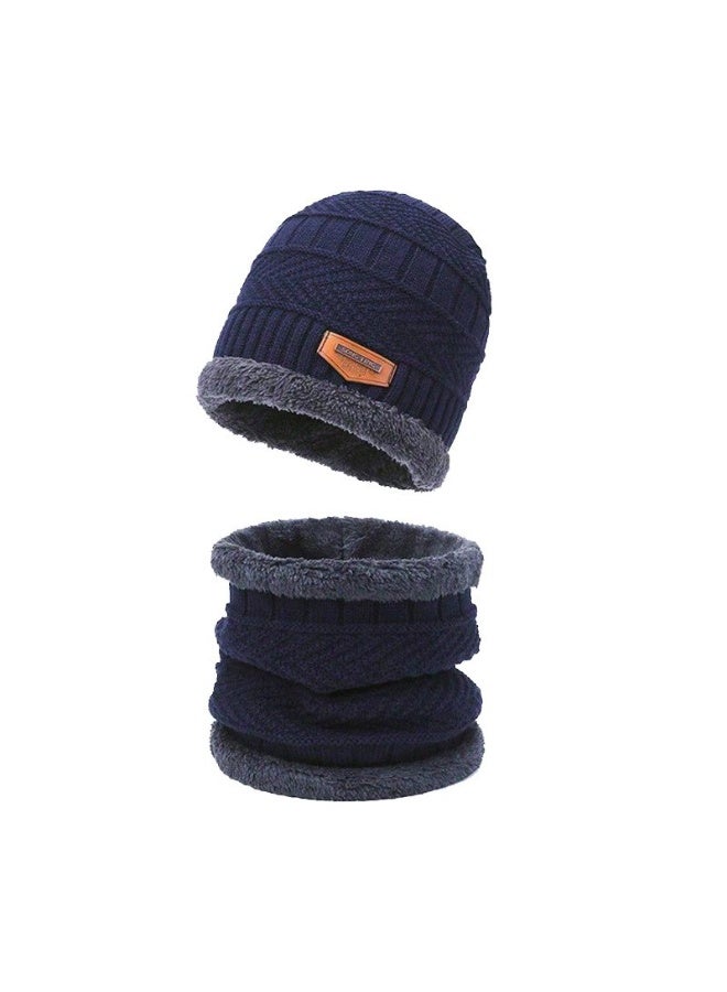 Men's 2-piece winter beanie set consisting of a hat and a thick fleece-lined scarf, warm knitted winter hats to keep the neck warm for men and women, black and blue. - Image 1