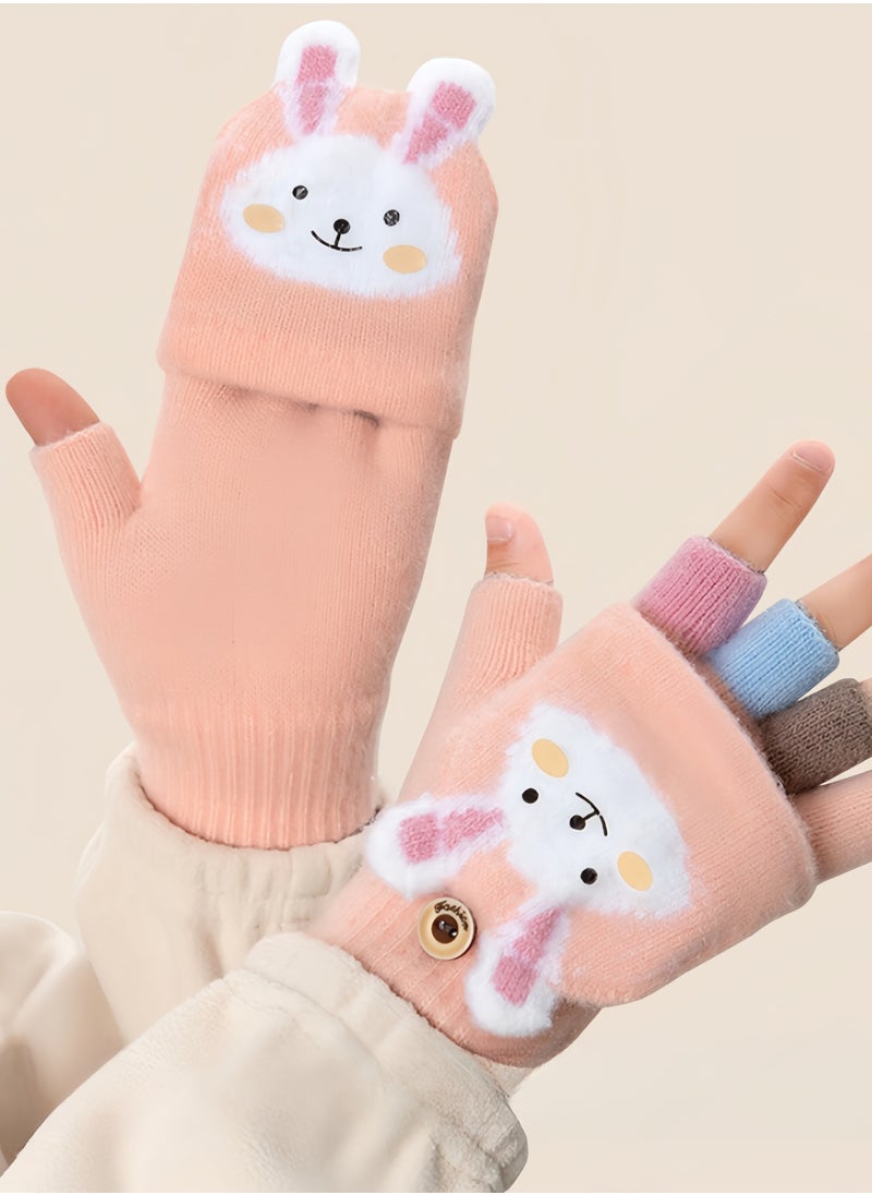 Harse Children's Autumn and Winter Warm Half-Finger Gloves for Boys and Girls, Thickened Winter Gloves for Elementary School Kids, Suitable for Writing, Outdoor Play, and Five-Finger Gloves,4-9Y（Pink rabbit）  - Image 3