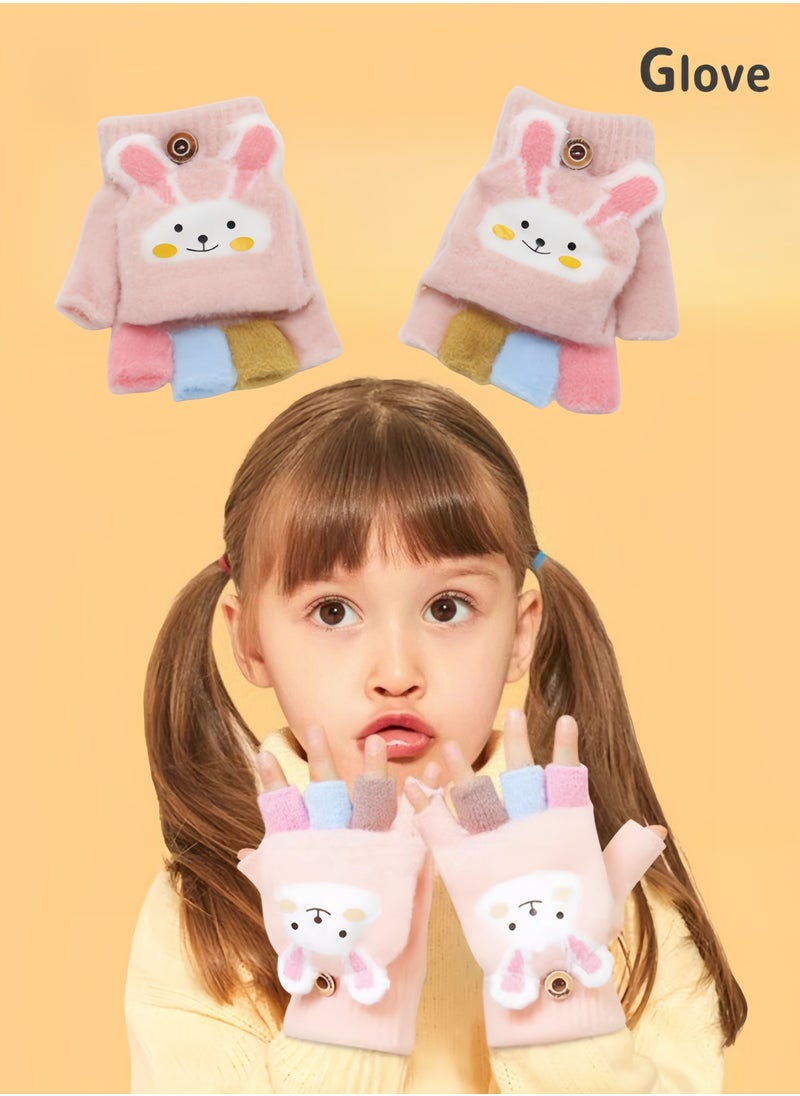 Harse Children's Autumn and Winter Warm Half-Finger Gloves for Boys and Girls, Thickened Winter Gloves for Elementary School Kids, Suitable for Writing, Outdoor Play, and Five-Finger Gloves,4-9Y（Pink rabbit）  - Image 1