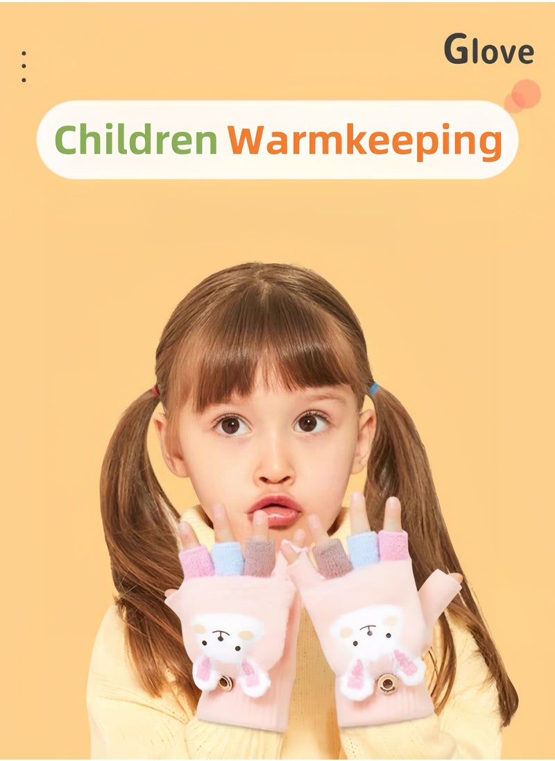 Harse Children's Autumn and Winter Warm Half-Finger Gloves for Boys and Girls, Thickened Winter Gloves for Elementary School Kids, Suitable for Writing, Outdoor Play, and Five-Finger Gloves,4-9Y（Pink rabbit）  - Image 2