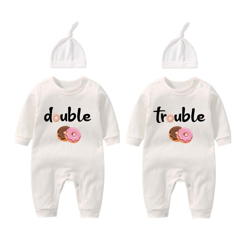 YSCULBUTOL Baby Twins Bodysuits Funny Double Trouble Cute Romper Twin Jumpsuits Hat Setï¼ˆDT White 12Mï¼‰ - Image 1