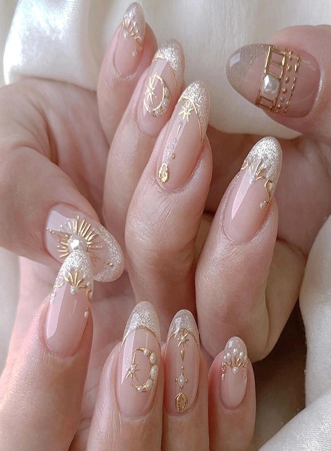 KZBTRBT 24Pcs Gold Star Moon Press on Nails Short Almond Fake Nails Press ons 3D Pearls Design Silver Glitter French Tip False Nails Nude Glossy Full Cover Gold Sun Stars Artificial Acrylic Nails for Women - Image 1