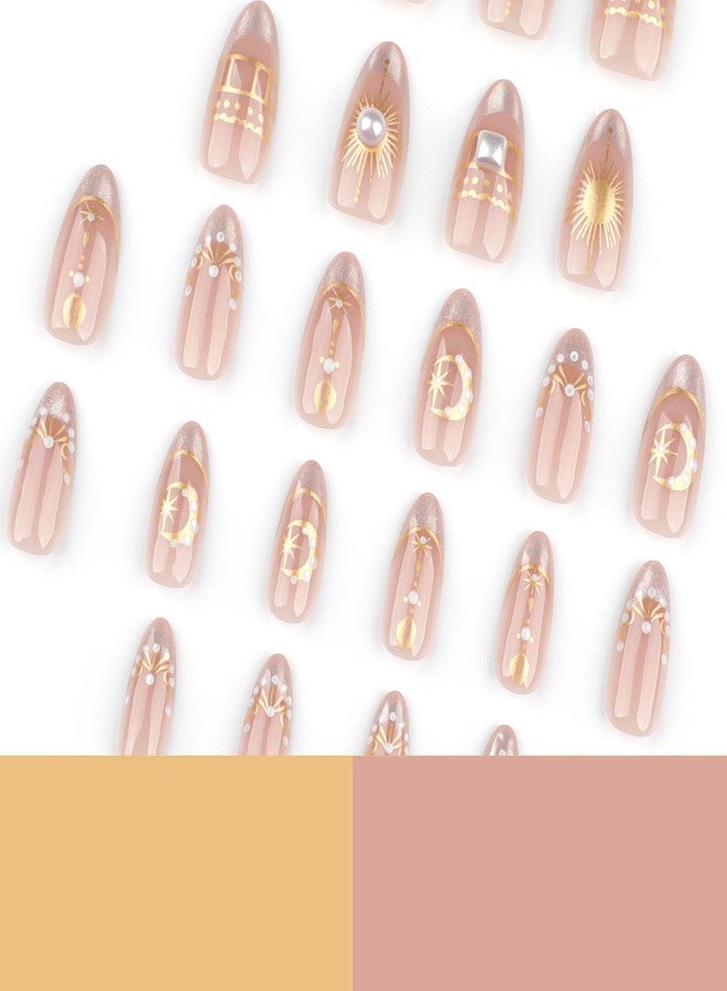 KZBTRBT 24Pcs Gold Star Moon Press on Nails Short Almond Fake Nails Press ons 3D Pearls Design Silver Glitter French Tip False Nails Nude Glossy Full Cover Gold Sun Stars Artificial Acrylic Nails for Women - Image 4