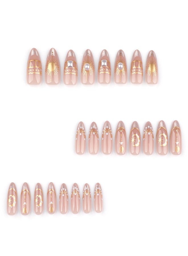 KZBTRBT 24Pcs Gold Star Moon Press on Nails Short Almond Fake Nails Press ons 3D Pearls Design Silver Glitter French Tip False Nails Nude Glossy Full Cover Gold Sun Stars Artificial Acrylic Nails for Women - Image 2