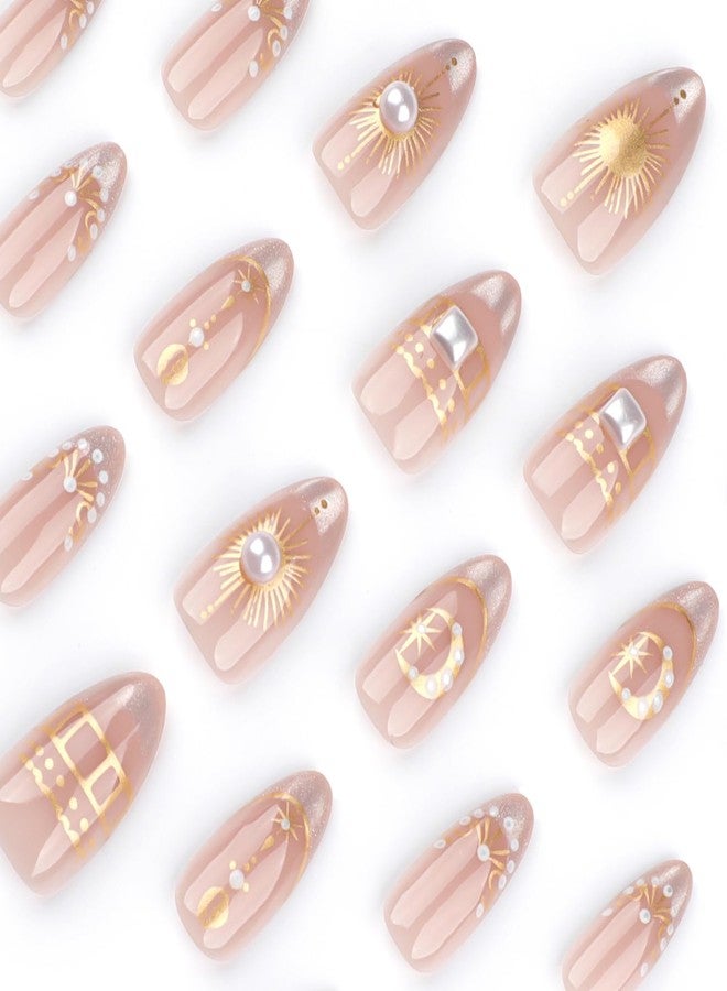 KZBTRBT 24Pcs Gold Star Moon Press on Nails Short Almond Fake Nails Press ons 3D Pearls Design Silver Glitter French Tip False Nails Nude Glossy Full Cover Gold Sun Stars Artificial Acrylic Nails for Women - Image 3