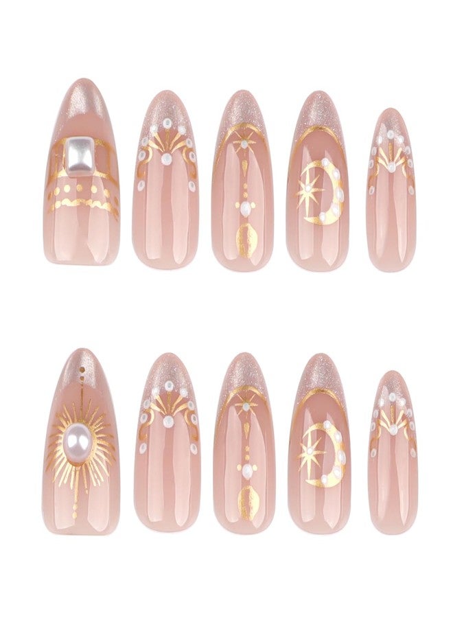 KZBTRBT 24Pcs Gold Star Moon Press on Nails Short Almond Fake Nails Press ons 3D Pearls Design Silver Glitter French Tip False Nails Nude Glossy Full Cover Gold Sun Stars Artificial Acrylic Nails for Women - Image 5