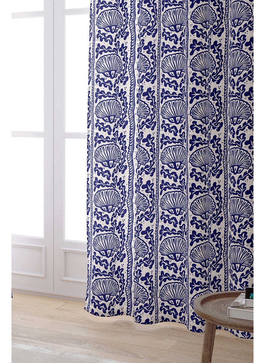 Cango Home - Navy Blue Beige Marine Themed Seashell Patterned Digital Printed Curtain CGH632-PR - Image 1