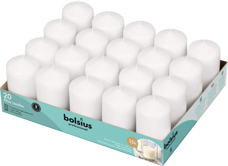 Bolsius White Pillar Candles 2x3 Inches 20 Pack Unscented Premium European Quality Dripless Smokeless and Clean Burning Household Candles Perfect for Wedding Party Dinner And Home Dcor