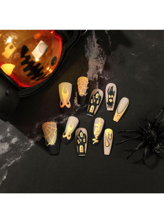 Onsdag Day of the Dead Press on NailsHalloween Matte Fake NailsBlack Yellow French Tip Skull Spider Web House False NailsLong Square Reusable Artificial Nails with Glue on NailsAcrylic Stick on Nails - Image 4