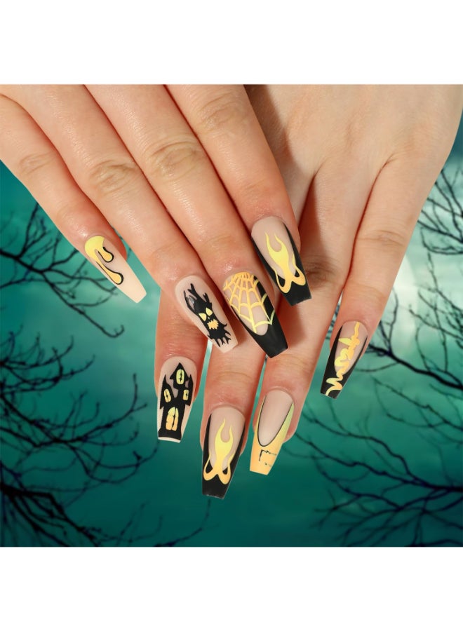 Onsdag Day of the Dead Press on NailsHalloween Matte Fake NailsBlack Yellow French Tip Skull Spider Web House False NailsLong Square Reusable Artificial Nails with Glue on NailsAcrylic Stick on Nails - Image 2