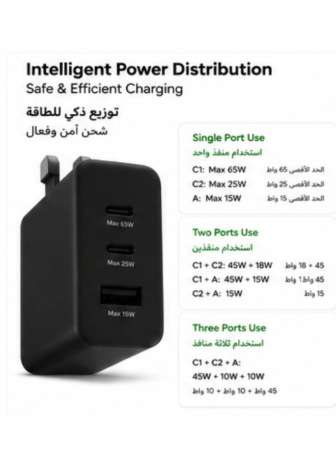 جولدن بلس شاحن سريع عالمي 65 واط مع منفذين USB-C PD ومنفذ USB واحد وقابس بريطاني مع كابل Type-C بطول 1M مرفق - Image 3